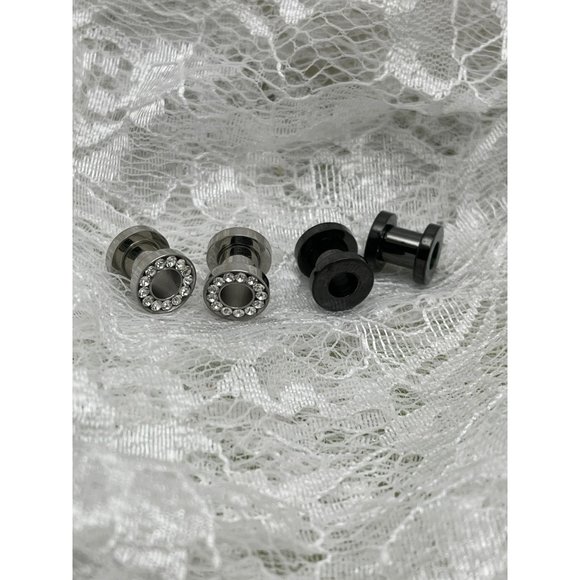 Rhinestone Silver and Black Screw Top Tunnels - Set of 2 - Picture 2 of 8